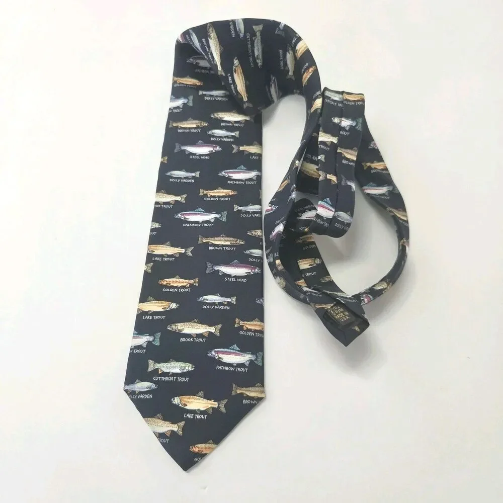 Alynn Silk Tie Trout Family Identification Fishing Navy Black Novelty Fly